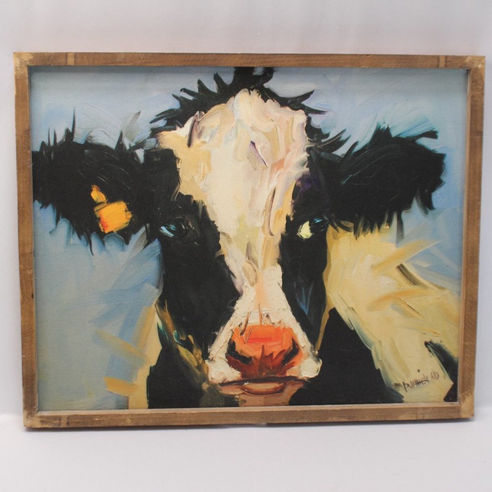 Painting Print of a Black and White Cow Portrait Signed